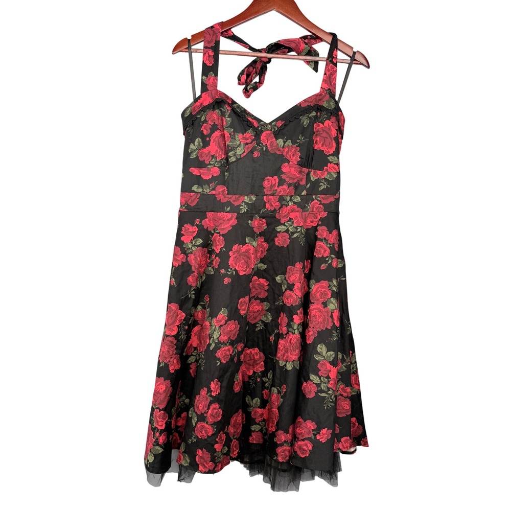 Hot Topic Halter Dress Women XL Black Red Floral Rockabilly Pin Up Tulle Classic